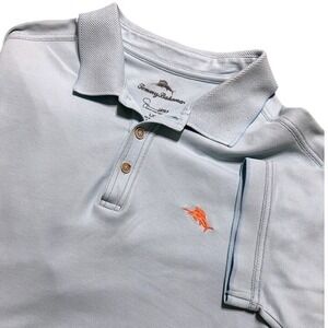 Tommy Bahama Pima Cotton Golf Polo Mens L Baby Blue Orange Marlin Logo Shirt